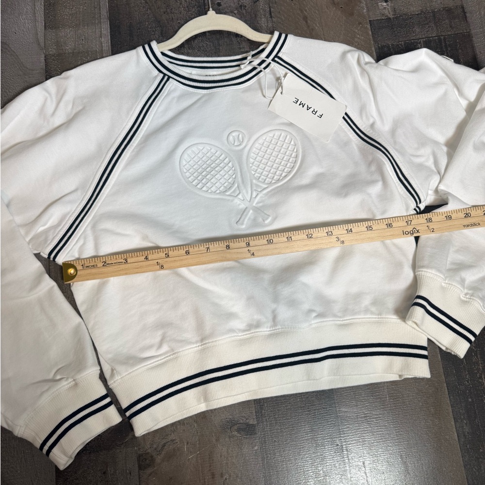FRAME The Tennis Sweatshirt White Cropped Crewneck Logo Sporty Preppy NWT Small - Picture 4 of 9